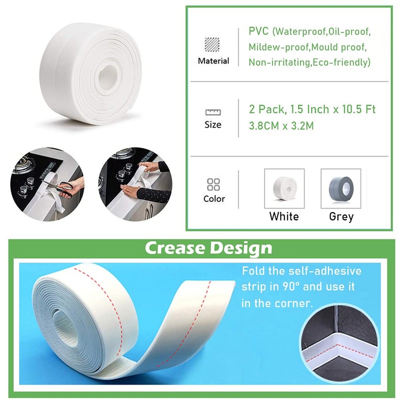 2 Pack Caulk Strip, 1.5" x 10.5Ft PVC Self Adhesive