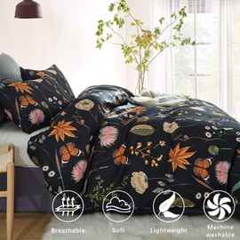 CoutureBridal Floral Duvet Cover King Size Black Comforter Cover with Colorful Botanical Yellow Butterfly Printed 3 Pieces Soft Microfiber Bedding Set with Zipper Ties Home Deco