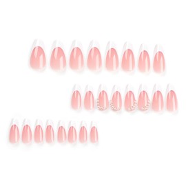 24Pcs White French Tip Press on Nails Medium Almond Fake Nails with Pearl Glossy Designs Nail Art Supplies Nude Pink False Nails Stick on Nails for Women Girls Acrylic Nail Manicure Salon Decorations