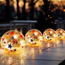 Rossesay 4 Pcs 3.9 inch Independence Day Balls Memorial Crackle Glass Night Light Waterproof Battery Operated Glass Globe Ball Lamp for July 4th Table Decor Birthday Gift Decorative (Star)