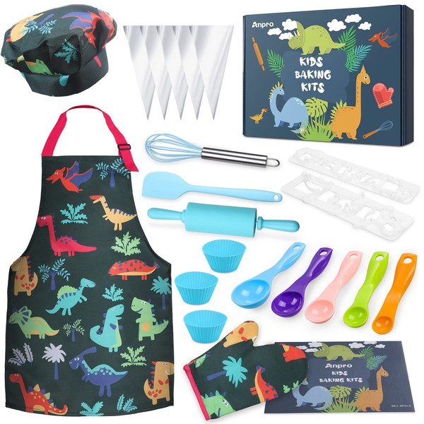 Anpro Complete Kids Cooking and Baking Set - 27 Pcs Includes Aprons for Girls, Chef Hat, Mitt & Utensil to Dress Up Chef Costume Career Role Play for 8-12 Years Boys