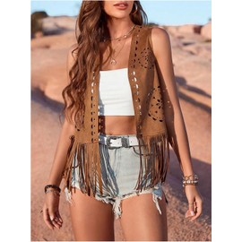 Women Hippie Waistcoat Vest Solid Color Open Front Sleeveless Lightweight Tassel Cardigan Jacket Tops Streetwear Outerwear (Brown C, XXL)