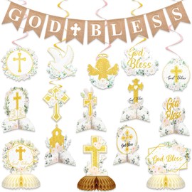 Kosiz 16 Pcs White Gold Floral God Bless Baptism First Communion Decorations 9 Baptism Honeycomb Table Centerpieces Double Sided Toppers 6 Hanging Swirls 1 God Bless Banner for Girl Boy Birthday