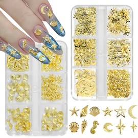 2Boxes Gold Nail Charms Star Ocean Metal Small Star Moon Seashell Starfish Summer 3D Charms Jewelry Manicure Decorations for Nail Art DIY Accessories Supplies
