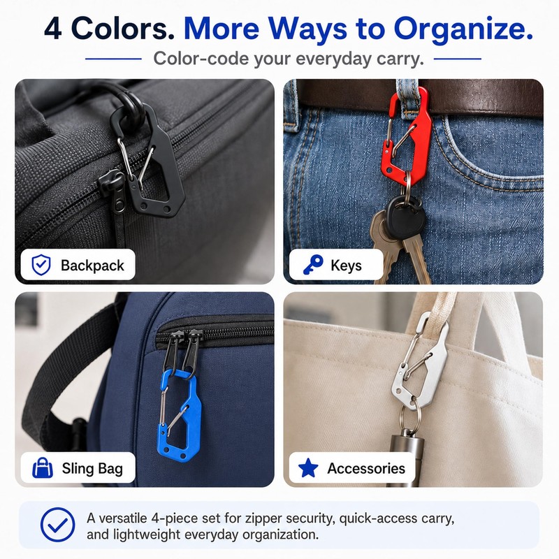 Anti Pickpocket Zipper Lock for Backpacks, 3-Shaped Dual Spring Carabiner