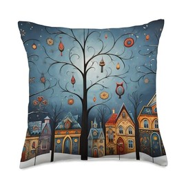 Vivid Winter Ornaments Folk Art Designs Vivid Winter Ornaments Folk Art Xmas Christmas Landscape Throw Pillow, 18x18, Multicolor