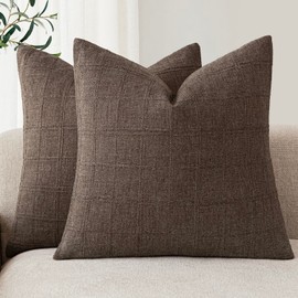 Foindtower Set of 2 Decorative Linen Check Throw Pillow Covers Neutral Farmhouse Vintage Cushion Covers Modern Boho Home Decor for Sofa Chair Couch Bedroom Living Room Outdoor,22×22 Inch,Dark Brown