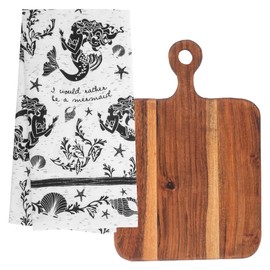 Karma, Boho Tea Towel with Acacia Wood Cutting Board, 100% Cotton Hand Towel for Kitchen – Housewarming Gift Set Boho Kitchen Home Décor, Mermaid
