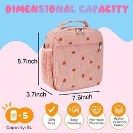 LEDAOU Lunch Box Kids Lunch Bag Insulated Cute Lunchbox Reusable Small Toddler Lunch Bags for School Travel or Picnic (Strawberry pink)