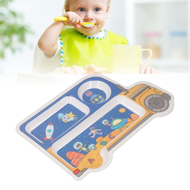 Kids Dinner Plate with Spoon Bamboo Fiber Divided Plates Cartoon