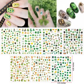 7 Sheets St. Patrick's Day Nail Decals 3D Self-Adhesive Shamrock Nail Stickers Leprechauns Hat Green Shamrock Nail Design Sticker Irish Nail Art Stickers Holiday Manicure Decoration