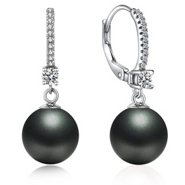 jiamiaoi Women's Pearl Earrings, 925 Silver, Hoop Earrings with Pearls, Pendant Pearl Earrings, Silver Pendant, Real Pearl Earrings, for Girls, 8 - 10 mm, Silver, black pearl