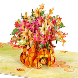 Paper Love Frndly, Floral Bee Hive Pop Up Card, For Valentines Day, Mothers Day, All Occasion, 100% Recycled and Eco-Friendly, 8" x 6" Cover - Includes Envelope and Removable Note Card