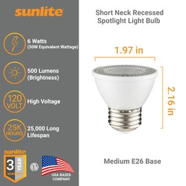 Sunlite LED PAR16 Dimmable, Short Neck Recessed Spotlight Light Bulb, 7-Watt, (50W Halogen Replacement) 500 Lumens, Medium E26 Base, ETL Listed, 12 Count, 2700K Soft White
