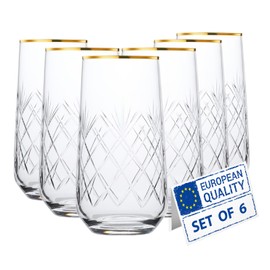 Biandeco Crystal Cut Gold Rimmed Highball Glasses Set of 6, Handmade Tall Glass Cups for Cocktail, Long Drink, Water, Juice, Ice Tea, Mojito, 16 oz