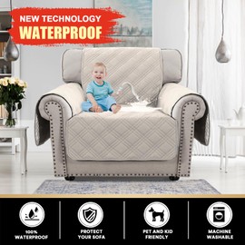 PrinceDeco 100% Waterproof Chair Sofa Slipcover for Living Room Water Resistant Couch Cover Furniture Protector Cover with Elastic Straps for Pets Kids Children Dog Cat(Chair 23", French Oak)