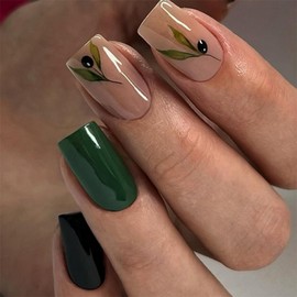 24Pcs Square Press on Nails Short Medium Fake Nails Reusable False Nails Kit Spring Summer Green Leaf Nail Art Design Acrylic Nails Press ons Full Cover Stick on Nails for Women Artificial Nails