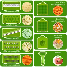 Cortador de Verduras, Todo 12 en 1 Picador Rallador de Verduras Multifuncional con Contenedor, Pelador, 6 Cuchillas de Acero Inoxidable, Rayadores de Mandolina de Cocina para Papas y Cebolla(Gris)