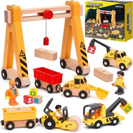Wooden Construction Vehicle Toy Set for Kids Boys 2 3 4 5 Years, Magnetic Vehicles Site Playset with Gantry Crane, Excavator, Crane Truck, Road Roller, Tow Truck, Wooden Truck Toy Gift Kids Toddler