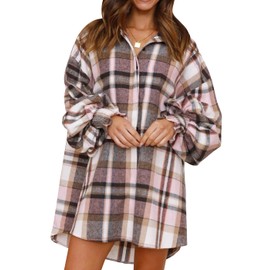 Danedvi Womens Oversized Flannel Plaid Shirts Jacket Ballon Sleeve Button Down Shacket Coats Pink