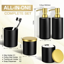 ALPIRIRALBlack and Gold Bathroom Accessories, 5 Pcs Bathroom Accessories Set, Glass Soap Dispenser and Toothbrush Holder Set, Qtip Holder and Cotton Ball Holder, Modern Bathroom Decor Sets
