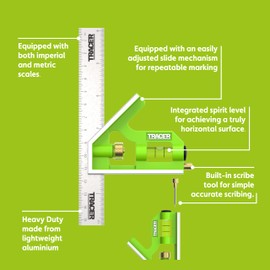 TRACER Combination Square 150mm (6 Inch). 45/90 degree Measuring Tool with built in Spirit Level and Scribe Tool. Metric & Imperial scales. Stainless Steel