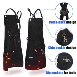 QeeLink Work Apron with 10 Tool Pockets, Woodworking Fireproof Apron for Men, Carpenter Canvas Apron Adjustable M to XXXL Cross back Tools Apron, Black