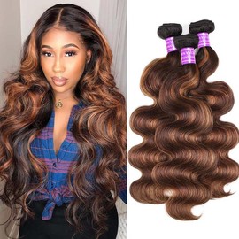 FB 30 Brown Highlight Body Wave Bundles Ombre Colored Human Hair Bundles 1 3 4 Bundles Piano Color Remy Human Hair Weave - Color: P4 27, Size: 22 22 22