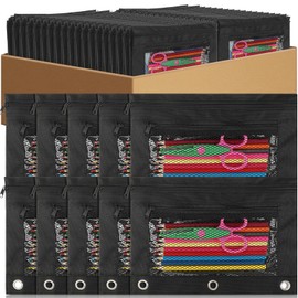 Zhehao 200 Pcs Pencil Pouches for 3 Ring Binder, Bulk Zipper Pencil Pouch Pen Case with Mesh Window Cloth Double Pocket 3 Hole Bag for Storing School Office Supplies (Classic)