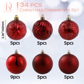 KAYH DECOR Adornos de bola de Navidad de color burdeos de 34 unidades,de plástico inastillable,decoración para árbol de oficina,decoración de día festivo,tamaño mediano(2.36 pulgadas/60mm)