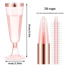 HHEETTT Plastic Pack of 20 Plastic Champagne Glasses 150 ml Rose Gold Edge and Glitter Champagne Glass Reusable Plastic for Birthday Wedding Party Picnics Outdoor (Rose Gold)