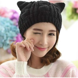 lunar.maria Warm Knit Hat with Ears, Beret, Knit Hat, Women's, Knitting Beanie, Knit Cap, Black
