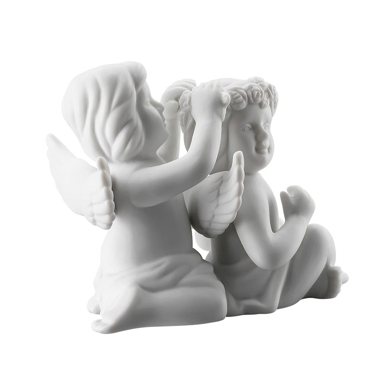 Angel Small White Matt Angel Couple with Flower Wreath