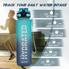 NAVTUE Water Bottle, 32 oz Sports Water Bottles with Time Marker Wide Mouth, Motivational and Leakproof Drink Bottle, BPA Free Tritan with Carry Strap for Gym Fitness Outdoor(Direct Drink)