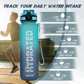 NAVTUE Water Bottle, 32 oz Sports Water Bottles with Time Marker Wide Mouth, Motivational and Leakproof Drink Bottle, BPA Free Tritan with Carry Strap for Gym Fitness Outdoor(Direct Drink)