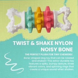 SNUG AROOZ Twist & Shake Nylon Bone – Durable Dog Toy with Noisy Shake & Textured Surface – Sustainable Design – for Active Dogs – Bright & Fun Design