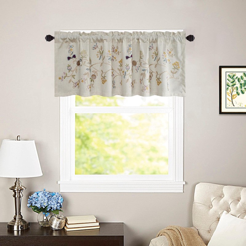 VOGOL Floral Embroidered Pattern Kitchen Valances for Windows, Linen Rod