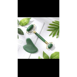 Jade Roller and Gua Sha Set, Natural Green Stone Facial Massage Tools with Gold Accents, 2-Piece Beauty Kit