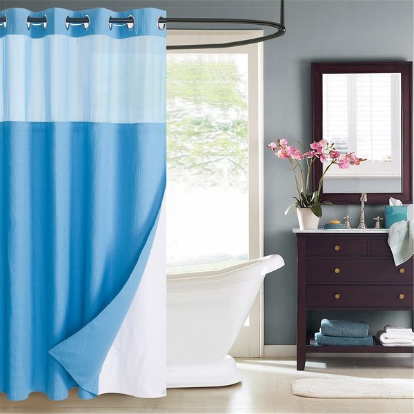 WPM No Hooks Required Shower Curtain with Snap-in Liner Waffle Weave Design, Hotel Grade Waterproof & Washable, Mesh top Window Easy Snaphook Bathroom Turquoise Curtains (54"x80" W/Liner, Turquoise)