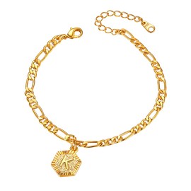 Gold Anklet Adjustable Flat Ankle Chain Summer Beach Jewellery 4.5mm Figaro Foot Chain with Hexagonal Letter K Initial Anklet