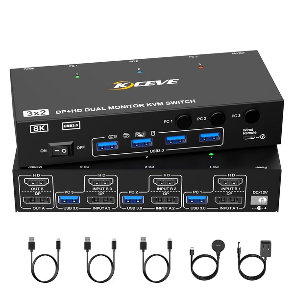 KVM Switch 2 Monitors 3 Computers Displayport and HDMI Support