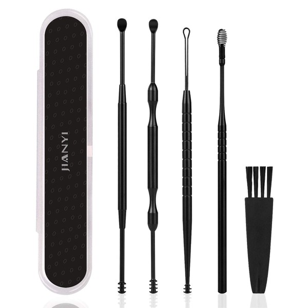 JIANYI Ear Pick Earwax Removal Kit, Ear Cleansing Tool Set, 5Pcs Ear Curette Ear Wax Removal Tool Clear with a Storage Box and Cleaning Brush (Black)
