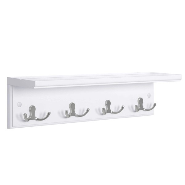 SONGMICS Coat Rack with Shelf, Wall-Mounted Coat Rack, with 4 Metal Dual Hooks for Coats, Bags, for Entryway, Bedroom, Living Room, White ULHR42WT