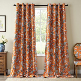 MYSKY HOME Orange Floral Blackout Curtains & Drapes 95 inch Curtains 2 Panels Set for Living Room Bedroom Boho Farmhouse Elegant Curtains Heat Block Sound Reduce Drapes with Bird Design