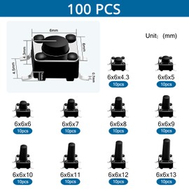 VooGenzek 100 Pieces 10 Values 6 x 6 mm Micro Momentary Tactile Push Button Switch, Button Micro Tactile Switch Kit, Black