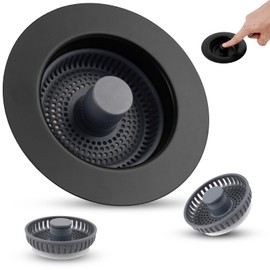 Black Kitchen Sink Strainer Stopper Combo Equiped with Extra 2pcs Baskets, 3 in 1 Pop-up Metal Sink Drainer for US Standard 3-1/2 inch Drain Filter, Quality ABS Basket for Anti-Clog