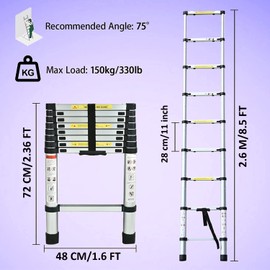 Telescoping Extension Ladder 8.5FT, Aluminum Telescopic Ladders with Non-Slip Rubber Feet for RV Outdoor Indoor Use, Heavy Duty Portable Extension Folding Ladder Adjustable Height 9 Step Attic Ladder