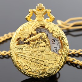 Tiong Vintage Gold Locomotive Pocket Watch for Men Arabic Numerals Dial Hollow Train Design Men's Pocket Watches with Chain