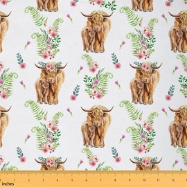 Highland Cow Fabric by The Yard, Flower Bull Cattle Upholstery Fabric for Chairs Sofa, Western Funny Animal Decorative Fabric, Wildlife Farmhouse Cow Indoor Outdoor Fabric DIY Sewing, 1 Yard, White