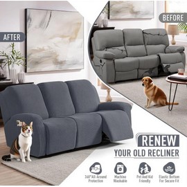 Recliner Cover, 4-Pieces Stretch Couch Cover Elastic with Pocket for Recliner, Armchair Furniture Protector Jacquard Sofa Cover, Sofa Slipcover for Kids, Pets, Dog &Cat,Dark Grey (1 Seater)